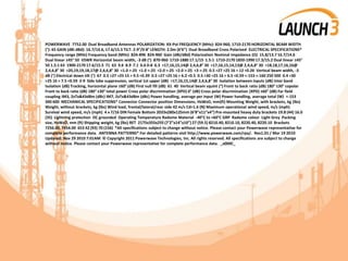 POWERWAVE 7752.00 Dual Broadband Antennas POLARIZATION: XX-Pol FREQUENCY (MHz): 824-960, 1710-2170 HORIZONTAL BEAM WIDTH
(°): 65 GAIN (dBi dBd): 16.7/14.6, 17.6/15.5 TILT: 2-9°/0-8° LENGTH: 2.0m (6’6”) Dual Broadband Cross Polarized ELECTRICAL SPECIFICATIONS*
Frequency range (MHz) Frequency band (MHz) 824-896 824-960 Gain (dBi/dBd) Polarization Nominal Impedance (Ω) 15.8/13.7 16.7/14.6
Dual linear ±45° 50 VSWR Horizontal beam width, -3 dB (°) 870-960 1710-1880 17.1/15 1.5:1 1710-2170 1850-1990 17.3/15.2 Dual linear ±45°
50 1.5:1 63 1900-2170 17.6/15.5 71 63 9.6 8.9 7.1 6.6 0-8 6.3 >17,16,15,14@ 2,4,6,8° 30 >17,16,15,14,13@ 2,4,6,8° 30 >18,18,17,16,16@
2,4,6,8° 30 >20,19,19,18,17@ 2,4,6,8° 30 <1.0 >-25 <1.0 >-25 <2.0 >-25 <2.0 >-25 <3 >-25 0.5 >27 >25 16 > 12 <0.26 Vertical beam width, -3
dB (°) Electrical down tilt (°) 67 0.5 >27 >25 15 > 9.5 <0.39 0.5 >27 >25 16 > 6.2 <0.5 0.5 >30 >25 16 > 6.5 <0.59 <-153 <-160 250 500 0.4 >30
>25 16 > 7.5 <0.59 2-9 Side lobe suppression, vertical 1st upper (dB) >17,16,15,14@ 2,4,6,8° 30 Isolation between inputs (dB) Inter band
Isolation (dB) Tracking, horizontal plane ±60° (dB) First null fill (dB) 61 40 Vertical beam squint (°) Front to back ratio (dB) 180° ±30° copolar
Front to back ratio (dB) 180° ±30° total power Cross polar discrimination (XPD) 0° (dB) Cross polar discrimination (XPD) ±60° (dB) Far field
coupling IM3, 2xTx&43dBm (dBc) IM7, 2xTx&43dBm (dBc) Power handling, average per input (W) Power handling, average total (W) <-153
300 600 MECHANICAL SPECIFICATIONS* Connector Connector position Dimensions, HxWxD, mm(ft) Mounting Weight, with brackets, kg (lbs)
Weight, without brackets, kg (lbs) Wind load, frontal/lateral/rear side 42 m/s Cd=1.6 (N) Maximum operational wind speed, m/s (mph)
Survival wind speed, m/s (mph) 4 x 7/16 DIN Female Bottom 2033x280x125mm (6’8”x11”x4”) Pre-mounted heavy duty brackets 19.8 (44) 16.0
(35) Lightning protection DC grounded Operating Temperature Radome Material -40°C to +60°C GRP Radome colour Light Grey Packing
size, HxWxD, mm (ft) Shipping weight, kg (lbs) RET 2175x355x255 (7’2”x14”x10”) 27 (59.5) 8210.40, 8210.10, 8220.40, 8220.10 Brackets
7256.00, 7454.00 653 42 (93) 70 (156) *All specifications subject to change without notice. Please contact your Powerwave representative for
complete performance data. ANTENNA PATTERNS* For detailed patterns visit http://www.powerwave.com/rpa/. Rev1.01 / Mar 19 2010
Updated: Nov 29 2010 7:01AM © Copyright 2011 Powerwave Technologies, Inc. All rights reserved. All specifications are subject to change
without notice. Please contact your Powerwave representative for complete performance data. _x000C_
 