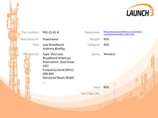 Part number: P65-15-XL-R Datasheets: https://www.launch3telecom.com/shared_
media/datasheet/P65-15-XL-R.pdf
Manufacturer: Powerwave Weight: N/A
Title: Low Broadband
Antenna,&hellip;
Category: N/A
Description: Type: Very Low
Broadband Antennas
Polarization: Dual linear
±45°
Frequency band (MHz):
698-894
Horizontal Beam Width:
...
Genre: Wireless
Heci: N/A
Part Page URL:
 