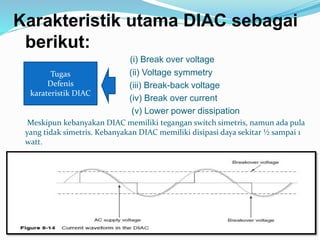 Karakteristik utama DIAC sebagai
berikut:
(i) Break over voltage
(ii) Voltage symmetry
(iii) Break-back voltage
(iv) Break over current
(v) Lower power dissipation
Meskipun kebanyakan DIAC memiliki tegangan switch simetris, namun ada pula
yang tidak simetris. Kebanyakan DIAC memiliki disipasi daya sekitar ½ sampai 1
watt.
Tugas
Defenis
karateristik DIAC
 