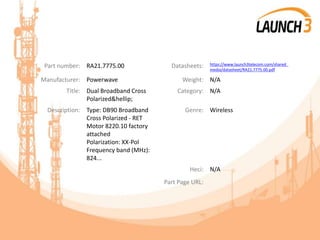 Part number: RA21.7775.00 Datasheets: https://www.launch3telecom.com/shared_
media/datasheet/RA21.7775.00.pdf
Manufacturer: Powerwave Weight: N/A
Title: Dual Broadband Cross
Polarized&hellip;
Category: N/A
Description: Type: DB90 Broadband
Cross Polarized - RET
Motor 8220.10 factory
attached
Polarization: XX-Pol
Frequency band (MHz):
824...
Genre: Wireless
Heci: N/A
Part Page URL:
 