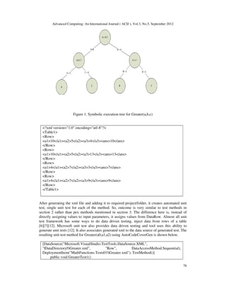 Advanced Computing: An International Journal ( ACIJ ), Vol.3, No.5, September 2012
78
Figure 1. Symbolic execution tree for Greater(a,b,c)
<?xml version="1.0" encoding="utf-8"?>
<Table1>
<Row>
<a1>10</a1><a2>5</a2><a3>4</a3><ans>10</ans>
</Row>
<Row>
<a1>10</a1><a2>5</a2><a3>13</a3><ans>13</ans>
</Row>
<Row>
<a1>4</a1><a2>7</a2><a3>3</a3><ans>7</ans>
</Row>
<Row>
<a1>4</a1><a2>7</a2><a3>9</a3><ans>9</ans>
</Row>
</Table1>
After generating the xml file and adding it to required project/folder, it creates automated unit
test, single unit test for each of the method. So, outcome is very similar to test methods in
section 2 rather than pex methods mentioned in section 3. The difference here is, instead of
directly assigning values to input parameters, it assigns values from DataRow. Almost all unit
test framework has some ways to do data driven testing, inject data from rows of a table
[6][7][12]. Microsoft unit test also provides data driven testing and tool uses this ability to
generate unit tests [12]. It also associates generated xml to the data source of generated test. The
resulting unit test method for Greater(a0,a1,a2) using AutoCodeCoverGen is shown below.
[DataSource("Microsoft.VisualStudio.TestTools.DataSource.XML",
"|DataDirectory|Greater.xml", "Row", DataAccessMethod.Sequential),
DeploymentItem("MathFunctions.Tests01Greater.xml"), TestMethod()]
public void GreaterTest1()
 