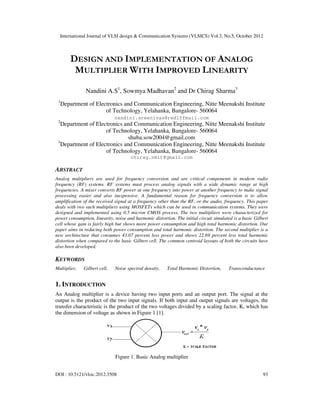 International Journal of VLSI design & Communication Systems (VLSICS) Vol.3, No.5, October 2012
DOI : 10.5121/vlsic.2012.3508 93
DESIGN AND IMPLEMENTATION OF ANALOG
MULTIPLIER WITH IMPROVED LINEARITY
Nandini A.S1
, Sowmya Madhavan2
and Dr Chirag Sharma3
1
Department of Electronics and Communication Engineering, Nitte Meenakshi Institute
of Technology, Yelahanka, Bangalore- 560064
nandini.sreenivas@rediffmail.com
2
Department of Electronics and Communication Engineering, Nitte Meenakshi Institute
of Technology, Yelahanka, Bangalore- 560064
shuba.sow2004@gmail.com
3
Department of Electronics and Communication Engineering, Nitte Meenakshi Institute
of Technology, Yelahanka, Bangalore- 560064
chirag.nmit@gmail.com
ABSTRACT
Analog multipliers are used for frequency conversion and are critical components in modern radio
frequency (RF) systems. RF systems must process analog signals with a wide dynamic range at high
frequencies. A mixer converts RF power at one frequency into power at another frequency to make signal
processing easier and also inexpensive. A fundamental reason for frequency conversion is to allow
amplification of the received signal at a frequency other than the RF, or the audio, frequency. This paper
deals with two such multipliers using MOSFETs which can be used in communication systems. They were
designed and implemented using 0.5 micron CMOS process. The two multipliers were characterized for
power consumption, linearity, noise and harmonic distortion. The initial circuit simulated is a basic Gilbert
cell whose gain is fairly high but shows more power consumption and high total harmonic distortion. Our
paper aims in reducing both power consumption and total harmonic distortion. The second multiplier is a
new architecture that consumes 43.07 percent less power and shows 22.69 percent less total harmonic
distortion when compared to the basic Gilbert cell. The common centroid layouts of both the circuits have
also been developed.
KEYWORDS
Multiplier, Gilbert cell, Noise spectral density, Total Harmonic Distortion, Transconductance
1. INTRODUCTION
An Analog multiplier is a device having two input ports and an output port. The signal at the
output is the product of the two input signals. If both input and output signals are voltages, the
transfer characteristic is the product of the two voltages divided by a scaling factor, K, which has
the dimension of voltage as shown in Figure 1 [1].
Figure 1. Basic Analog multiplier
 