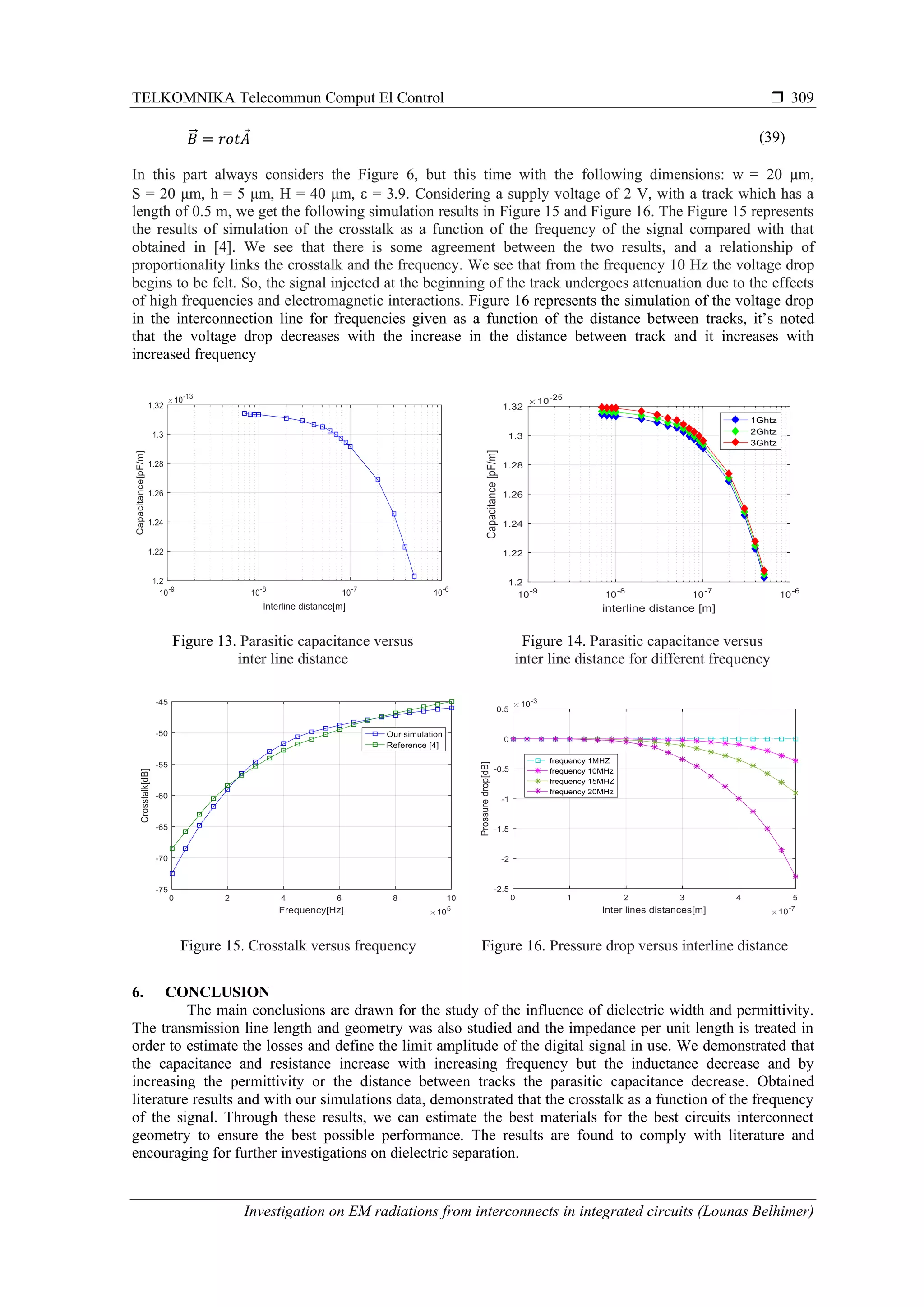 TELKOMNIKA Telecommun Comput El Control 
Investigation on EM radiations from interconnects in integrated circuits (Lounas Belhimer)
309
𝐵⃗ = 𝑟𝑜𝑡𝐴 (39)
In this part always considers the Figure 6, but this time with the following dimensions: w = 20 μm,
S = 20 μm, h = 5 μm, H = 40 μm,  = 3.9. Considering a supply voltage of 2 V, with a track which has a
length of 0.5 m, we get the following simulation results in Figure 15 and Figure 16. The Figure 15 represents
the results of simulation of the crosstalk as a function of the frequency of the signal compared with that
obtained in [4]. We see that there is some agreement between the two results, and a relationship of
proportionality links the crosstalk and the frequency. We see that from the frequency 10 Hz the voltage drop
begins to be felt. So, the signal injected at the beginning of the track undergoes attenuation due to the effects
of high frequencies and electromagnetic interactions. Figure 16 represents the simulation of the voltage drop
in the interconnection line for frequencies given as a function of the distance between tracks, it’s noted
that the voltage drop decreases with the increase in the distance between track and it increases with
increased frequency
Figure 13. Parasitic capacitance versus
inter line distance
Figure 14. Parasitic capacitance versus
inter line distance for different frequency
Figure 15. Crosstalk versus frequency Figure 16. Pressure drop versus interline distance
6. CONCLUSION
The main conclusions are drawn for the study of the influence of dielectric width and permittivity.
The transmission line length and geometry was also studied and the impedance per unit length is treated in
order to estimate the losses and define the limit amplitude of the digital signal in use. We demonstrated that
the capacitance and resistance increase with increasing frequency but the inductance decrease and by
increasing the permittivity or the distance between tracks the parasitic capacitance decrease. Obtained
literature results and with our simulations data, demonstrated that the crosstalk as a function of the frequency
of the signal. Through these results, we can estimate the best materials for the best circuits interconnect
geometry to ensure the best possible performance. The results are found to comply with literature and
encouraging for further investigations on dielectric separation.
 