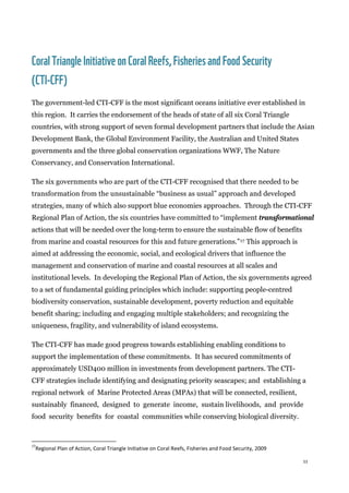 11
CoralTriangleInitiativeon CoralReefs, Fisheriesand Food Security
(CTI-CFF)
The government-led CTI-CFF is the most significant oceans initiative ever established in
this region. It carries the endorsement of the heads of state of all six Coral Triangle
countries, with strong support of seven formal development partners that include the Asian
Development Bank, the Global Environment Facility, the Australian and United States
governments and the three global conservation organizations WWF, The Nature
Conservancy, and Conservation International.
The six governments who are part of the CTI-CFF recognised that there needed to be
transformation from the unsustainable “business as usual” approach and developed
strategies, many of which also support blue economies approaches. Through the CTI-CFF
Regional Plan of Action, the six countries have committed to “implement transformational
actions that will be needed over the long-term to ensure the sustainable flow of benefits
from marine and coastal resources for this and future generations.”17 This approach is
aimed at addressing the economic, social, and ecological drivers that influence the
management and conservation of marine and coastal resources at all scales and
institutional levels. In developing the Regional Plan of Action, the six governments agreed
to a set of fundamental guiding principles which include: supporting people-centred
biodiversity conservation, sustainable development, poverty reduction and equitable
benefit sharing; including and engaging multiple stakeholders; and recognizing the
uniqueness, fragility, and vulnerability of island ecosystems.
The CTI-CFF has made good progress towards establishing enabling conditions to
support the implementation of these commitments. It has secured commitments of
approximately USD400 million in investments from development partners. The CTI-
CFF strategies include identifying and designating priority seascapes; and establishing a
regional network of Marine Protected Areas (MPAs) that will be connected, resilient,
sustainably financed, designed to generate income, sustain livelihoods, and provide
food security benefits for coastal communities while conserving biological diversity.
17
Regional Plan of Action, Coral Triangle Initiative on Coral Reefs, Fisheries and Food Security, 2009
 