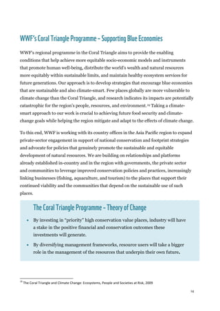 14
WWF’sCoral TriangleProgramme– SupportingBlueEconomies
WWF’s regional programme in the Coral Triangle aims to provide the enabling
conditions that help achieve more equitable socio-economic models and instruments
that promote human well-being, distribute the world’s wealth and natural resources
more equitably within sustainable limits, and maintain healthy ecosystem services for
future generations. Our approach is to develop strategies that encourage blue economies
that are sustainable and also climate-smart. Few places globally are more vulnerable to
climate change than the Coral Triangle, and research indicates its impacts are potentially
catastrophic for the region’s people, resources, and environment.19 Taking a climate-
smart approach to our work is crucial to achieving future food security and climate-
change goals while helping the region mitigate and adapt to the effects of climate change.
To this end, WWF is working with its country offices in the Asia Pacific region to expand
private-sector engagement in support of national conservation and footprint strategies
and advocate for policies that genuinely promote the sustainable and equitable
development of natural resources. We are building on relationships and platforms
already established in-country and in the region with governments, the private sector
and communities to leverage improved conservation policies and practices, increasingly
linking businesses (fishing, aquaculture, and tourism) to the places that support their
continued viability and the communities that depend on the sustainable use of such
places.
TheCoral Triangle Programme– TheoryofChange
• By investing in “priority” high conservation value places, industry will have
a stake in the positive financial and conservation outcomes these
investments will generate.
• By diversifying management frameworks, resource users will take a bigger
role in the management of the resources that underpin their own future.
19
The Coral Triangle and Climate Change: Ecosystems, People and Societies at Risk, 2009
 