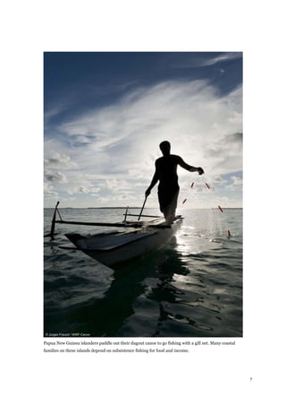 7
Papua New Guinea islanders paddle out their dugout canoe to go fishing with a gill net. Many coastal
families on these islands depend on subsistence fishing for food and income.
 