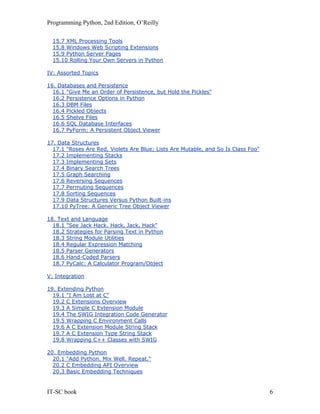 Programming Python, 2nd Edition, O’Reilly
IT-SC book 6
15.7 XML Processing Tools
15.8 Windows Web Scripting Extensions
15.9 Python Server Pages
15.10 Rolling Your Own Servers in Python
IV: Assorted Topics
16. Databases and Persistence
16.1 "Give Me an Order of Persistence, but Hold the Pickles"
16.2 Persistence Options in Python
16.3 DBM Files
16.4 Pickled Objects
16.5 Shelve Files
16.6 SQL Database Interfaces
16.7 PyForm: A Persistent Object Viewer
17. Data Structures
17.1 "Roses Are Red, Violets Are Blue; Lists Are Mutable, and So Is Class Foo"
17.2 Implementing Stacks
17.3 Implementing Sets
17.4 Binary Search Trees
17.5 Graph Searching
17.6 Reversing Sequences
17.7 Permuting Sequences
17.8 Sorting Sequences
17.9 Data Structures Versus Python Built-ins
17.10 PyTree: A Generic Tree Object Viewer
18. Text and Language
18.1 "See Jack Hack. Hack, Jack, Hack"
18.2 Strategies for Parsing Text in Python
18.3 String Module Utilities
18.4 Regular Expression Matching
18.5 Parser Generators
18.6 Hand-Coded Parsers
18.7 PyCalc: A Calculator Program/Object
V: Integration
19. Extending Python
19.1 "I Am Lost at C"
19.2 C Extensions Overview
19.3 A Simple C Extension Module
19.4 The SWIG Integration Code Generator
19.5 Wrapping C Environment Calls
19.6 A C Extension Module String Stack
19.7 A C Extension Type String Stack
19.8 Wrapping C++ Classes with SWIG
20. Embedding Python
20.1 "Add Python. Mix Well. Repeat."
20.2 C Embedding API Overview
20.3 Basic Embedding Techniques
 