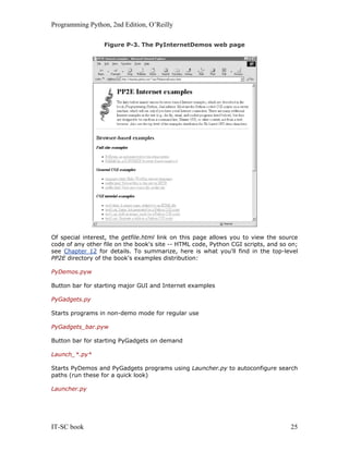 Programming Python, 2nd Edition, O’Reilly
IT-SC book 25
Figure P-3. The PyInternetDemos web page
Of special interest, the getfile.html link on this page allows you to view the source
code of any other file on the book's site -- HTML code, Python CGI scripts, and so on;
see Chapter 12 for details. To summarize, here is what you'll find in the top-level
PP2E directory of the book's examples distribution:
PyDemos.pyw
Button bar for starting major GUI and Internet examples
PyGadgets.py
Starts programs in non-demo mode for regular use
PyGadgets_bar.pyw
Button bar for starting PyGadgets on demand
Launch_*.py*
Starts PyDemos and PyGadgets programs using Launcher.py to autoconfigure search
paths (run these for a quick look)
Launcher.py
 