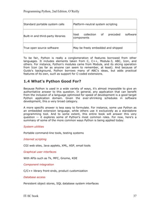 Programming Python, 2nd Edition, O’Reilly
IT-SC book 37
Standard portable system calls Platform-neutral system scripting
Built-in and third-party libraries
Vast collection of precoded software
components
True open source software May be freely embedded and shipped
To be fair, Python is really a conglomeration of features borrowed from other
languages. It includes elements taken from C, C++, Modula-3, ABC, Icon, and
others. For instance, Python's modules came from Modula, and its slicing operation
from Icon (as far as anyone can seem to remember, at least). And because of
Guido's background, Python borrows many of ABC's ideas, but adds practical
features of its own, such as support for C-coded extensions.
1.4 What's Python Good For?
Because Python is used in a wide variety of ways, it's almost impossible to give an
authoritative answer to this question. In general, any application that can benefit
from the inclusion of a language optimized for speed of development is a good target
Python application domain. Given the ever-shrinking schedules in software
development, this a very broad category.
A more specific answer is less easy to formulate. For instance, some use Python as
an embedded extension language, while others use it exclusively as a standalone
programming tool. And to some extent, this entire book will answer this very
question -- it explores some of Python's most common roles. For now, here's a
summary of some of the more common ways Python is being applied today:
System utilities
Portable command-line tools, testing systems
Internet scripting
CGI web sites, Java applets, XML, ASP, email tools
Graphical user interfaces
With APIs such as Tk, MFC, Gnome, KDE
Component integration
C/C++ library front-ends, product customization
Database access
Persistent object stores, SQL database system interfaces
 