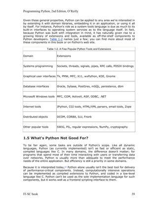Programming Python, 2nd Edition, O’Reilly
IT-SC book 39
Given these general properties, Python can be applied to any area we're interested in
by extending it with domain libraries, embedding it in an application, or using it all
by itself. For instance, Python's role as a system tools language is due as much to its
built-in interfaces to operating system services as to the language itself. In fact,
because Python was built with integration in mind, it has naturally given rise to a
growing library of extensions and tools, available as off-the-shelf components to
Python developers. Table 1-2 names just a few; you can find more about most of
these components in this book or on Python's web site.
Table 1-2. A Few Popular Python Tools and Extensions
Domain Extensions
Systems programming Sockets, threads, signals, pipes, RPC calls, POSIX bindings
Graphical user interfaces Tk, PMW, MFC, X11, wxPython, KDE, Gnome
Database interfaces Oracle, Sybase, PostGres, mSQL, persistence, dbm
Microsoft Windows tools MFC, COM, ActiveX, ASP, ODBC, .NET
Internet tools JPython, CGI tools, HTML/XML parsers, email tools, Zope
Distributed objects DCOM, CORBA, ILU, Fnorb
Other popular tools SWIG, PIL, regular expressions, NumPy, cryptography
1.5 What's Python Not Good For?
To be fair again, some tasks are outside of Python's scope. Like all dynamic
languages, Python (as currently implemented) isn't as fast or efficient as static,
compiled languages like C. In many domains, the difference doesn't matter; for
programs that spend most of their time interacting with users or transferring data
over networks, Python is usually more than adequate to meet the performance
needs of the entire application. But efficiency is still a priority in some domains.
Because it is interpreted today,[3]
Python alone usually isn't the best tool for delivery
of performance-critical components. Instead, computationally intensive operations
can be implemented as compiled extensions to Python, and coded in a low-level
language like C. Python can't be used as the sole implementation language for such
components, but it works well as a frontend scripting interface to them.
 