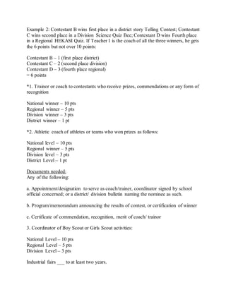 Example 2: Contestant B wins first place in a district story Telling Contest; Contestant
C wins second place in a Division Science Quiz Bee; Contestant D wins Fourth place
in a Regional HEKASI Quiz. If Teacher 1 is the coach of all the three winners, he gets
the 6 points but not over 10 points:
Contestant B – 1 (first place district)
Contestant C – 2 (second place division)
Contestant D – 3 (fourth place regional)
= 6 points
*1. Trainor or coach to contestants who receive prizes, commendations or any form of
recognition
National winner – 10 pts
Regional winner – 5 pts
Division winner – 3 pts
District winner – 1 pt
*2. Athletic coach of athletes or teams who won prizes as follows:
National level – 10 pts
Regional winner – 5 pts
Division level – 3 pts
District Level – 1 pt
Documents needed:
Any of the following:
a. Appointment/designation to serve as coach/trainer, coordinator signed by school
official concerned; or a district/ division bulletin naming the nominee as such.
b. Program/memorandum announcing the results of contest, or certification of winner
c. Certificate of commendation, recognition, merit of coach/ trainor
3. Coordinator of Boy Scout or Girls Scout activities:
National Level – 10 pts
Regional Level – 5 pts
Division Level – 3 pts
Industrial fairs ___ to at least two years.
 
