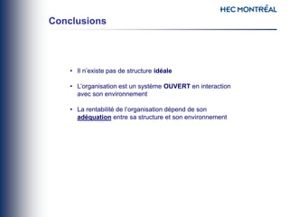 • Il n’existe pas de structure idéale
• L’organisation est un système OUVERT en interaction
avec son environnement
• La rentabilité de l’organisation dépend de son
adéquation entre sa structure et son environnement
Conclusions
 