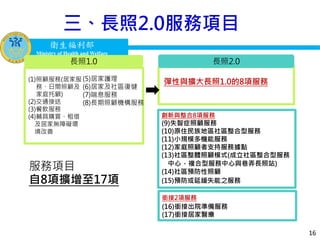 衛生福利部
Ministry of Health and Welfare
衛生福利部
Ministry of Health and Welfare
16
三、長照2.0服務項目
長照1.0
彈性與擴大長照1.0的8項服務
長照2.0
創新與整合8項服務
(9)失智症照顧服務
(10)原住民族地區社區整合型服務
(11)小規模多機能服務
(12)家庭照顧者支持服務據點
(13)社區整體照顧模式(成立社區整合型服務
中心、複合型服務中心與巷弄長照站)
(14)社區預防性照顧
(15)預防或延緩失能之服務
(1)照顧服務(居家服
務、日間照顧及
家庭托顧)
(2)交通接送
(3)餐飲服務
(4)輔具購買、租借
及居家無障礙環
境改善
(5)居家護理
(6)居家及社區復健
(7)喘息服務
(8)長期照顧機構服務
服務項目
自8項擴增至17項
銜接2項服務
(16)銜接出院準備服務
(17)銜接居家醫療
 