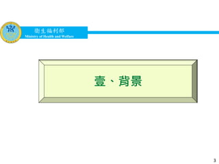 衛生福利部
Ministry of Health and Welfare
衛生福利部
Ministry of Health and Welfare
壹、背景
3
 