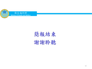 衛生福利部
Ministry of Health and Welfare
簡報結束
謝謝聆聽
32
 