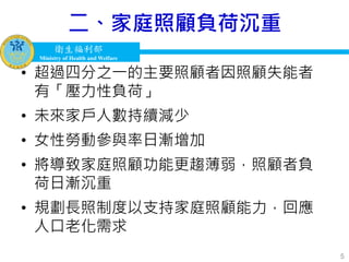 衛生福利部
Ministry of Health and Welfare
衛生福利部
Ministry of Health and Welfare
二、家庭照顧負荷沉重
• 超過四分之一的主要照顧者因照顧失能者
有「壓力性負荷」
• 未來家戶人數持續減少
• 女性勞動參與率日漸增加
• 將導致家庭照顧功能更趨薄弱，照顧者負
荷日漸沉重
• 規劃長照制度以支持家庭照顧能力，回應
人口老化需求
5
 
