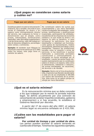 Salario


          ¿Qué pagos se consideran como salario
          y cuáles no?

          Pagos que son salario                        Pagos que no son salario


  Constituye salario no solo la remuneración     No constituyen salario las sumas que
  ordinaria, fija o variable, sino todo lo que   ocasionalmente y por mera liberalidad
  recibe el trabajador en dinero o en            recibe el trabajador del empleador, como
  especie como contraprestación directa          primas, bonificaciones o gratificaciones
  del servicio, sea cualquiera la forma o        ocasionales, participación de utilidades,
  denominación que se adopte, como               excedentes de las empresas de economía
  primas, sobresueldos, bonificaciones           solidaria y lo que recibe en dinero o en
  habituales, valor del trabajo suplementario    especie no para su beneficio, ni para
  o de las horas extras, valor del trabajo en    enriquecer su patrimonio, sino para
  días de descanso obligatorio, porcentajes      desempeñar a cabalidad sus funciones,
  sobre ventas y comisiones.                     como gastos de representación, medios
                                                 de transporte, elementos de trabajo y otros
  Ejemplo: Al vendedor Juan Vásquez le           semejantes. Tampoco las prestaciones
  reconocen unas horas extras por $ 57.000       sociales como la cesantía o prima de
  todos los meses, este pago tiene el            servicios, ni los beneficios o auxilios
  carácter de salario.                           habituales u ocasionales acordados            No olvidar
                                                 convencional o contractualmente u
                                                 otorgados en forma extralegal por el
                                                 empleador, cuando las partes hayan dis-
                                                 puesto expresamente que no constituyen
                                                 salario en dinero o en especie, tales como
                                                 la alimentación, habitación o vestuario,
                                                 las primas extralegales, de vacaciones,
                                                 de servicios o de navidad.
                                                 Ejemplo: Dentro de la firma Arquitectos
                                                 Ltda. el gerente Juan Rendón decidió darle
                                                 a cada uno de sus empleados $ 200.000
                                                 con motivo del nacimiento de su primer
                                                 hijo. Esta suma no es salario porque se
                                                 otorgó por mera liberalidad.



          ¿Qué es el salario mínimo?
                    Es la remuneración mínima que se debe conceder
                  a los que trabajan por lo menos la jornada máxima
                  legal. Se define anualmente por una comisión de
                  concertación de carácter tripartito (sindicatos, gobierno
                  y empresarios) y si hay acuerdo, lo establece el
                  Gobierno Nacional por decreto.
                    A partir del 1º de enero del año 2007, el salario
                  mínimo legal se encuentra señalado en $ 433.700.


          ¿Cuáles son las modalidades para pagar el
          salario?
                    Por unidad de tiempo y por unidad de obra.
                  Las partes pueden acordar el salario teniendo en
                  cuenta solo el tiempo. Tenemos los siguientes ejemplos.
                                                      24
 
