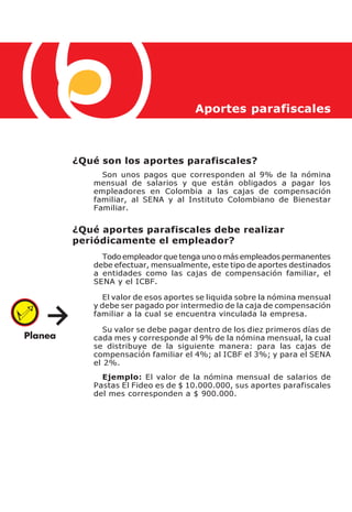 Aportes parafiscales



¿Qué son los aportes parafiscales?
     Son unos pagos que corresponden al 9% de la nómina
   mensual de salarios y que están obligados a pagar los
   empleadores en Colombia a las cajas de compensación
   familiar, al SENA y al Instituto Colombiano de Bienestar
   Familiar.

¿Qué aportes parafiscales debe realizar
periódicamente el empleador?
     Todo empleador que tenga uno o más empleados permanentes
   debe efectuar, mensualmente, este tipo de aportes destinados
   a entidades como las cajas de compensación familiar, el
   SENA y el ICBF.

     El valor de esos aportes se liquida sobre la nómina mensual
   y debe ser pagado por intermedio de la caja de compensación
   familiar a la cual se encuentra vinculada la empresa.

      Su valor se debe pagar dentro de los diez primeros días de
   cada mes y corresponde al 9% de la nómina mensual, la cual
   se distribuye de la siguiente manera: para las cajas de
   compensación familiar el 4%; al ICBF el 3%; y para el SENA
   el 2%.
     Ejemplo: El valor de la nómina mensual de salarios de
   Pastas El Fideo es de $ 10.000.000, sus aportes parafiscales
   del mes corresponden a $ 900.000.
 