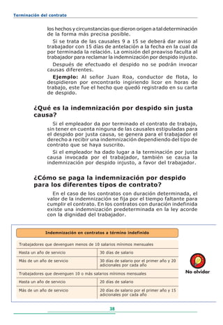Terminación del contrato


                los hechos y circunstancias que dieron origen a tal determinación
                de la forma más precisa posible.
                  Si se trata de las causales 9 a 15 se deberá dar aviso al
                trabajador con 15 días de antelación a la fecha en la cual da
                por terminada la relación. La omisión del preaviso faculta al
                trabajador para reclamar la indemnización por despido injusto.
                  Después de efectuado el despido no se podrán invocar
                causas diferentes.
                  Ejemplo: Al señor Juan Roa, conductor de flota, lo
                despidieron por encontrarlo ingiriendo licor en horas de
                trabajo, este fue el hecho que quedó registrado en su carta
                de despido.


         ¿Qué es la indemnización por despido sin justa
         causa?
                   Si el empleador da por terminado el contrato de trabajo,
                sin tener en cuenta ninguna de las causales estipuladas para
                el despido por justa causa, se genera para el trabajador el
                derecho a recibir una indemnización dependiendo del tipo de
                contrato que se haya suscrito.
                  Si el empleador ha dado lugar a la terminación por justa
                causa invocada por el trabajador, también se causa la
                indemnización por despido injusto, a favor del trabajador.


         ¿Cómo se paga la indemnización por despido
         para los diferentes tipos de contrato?
                  En el caso de los contratos con duración determinada, el
                valor de la indemnización se fija por el tiempo faltante para
                cumplir el contrato. En los contratos con duración indefinida
                existe una indemnización predeterminada en la ley acorde
                con la dignidad del trabajador.


               Indemnización en contratos a término indefinido


  Trabajadores que devenguen menos de 10 salarios mínimos mensuales

  Hasta un año de servicio               30 días de salario

  Más de un año de servicio              30 días de salario por el primer año y 20
                                         adicionales por cada año

  Trabajadores que devenguen 10 o más salarios mínimos mensuales                     No olvidar

  Hasta un año de servicio               20 días de salario

  Más de un año de servicio              20 días de salario por el primer año y 15
                                         adicionales por cada año


                                              38
 
