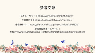 参考文献
花キューピット：https://www.i879.com/birth/flower/
花言葉由来：https://hananokotoba.com/calendar/
中日BIZナビ：https://biz.chunichi.co.j...