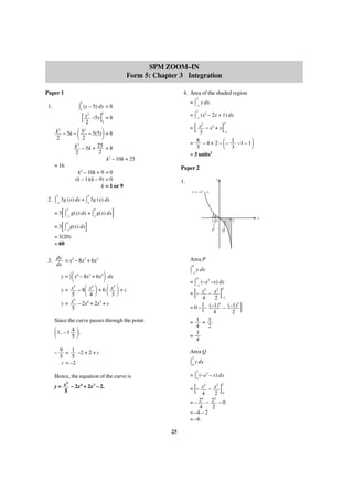 SPM ZOOM–IN
Form 5: Chapter 3 Integration
4. Area of the shaded region

Paper 1
(y – 5) dy = 8
5
k

]

[
΂

2

2

=

k

1.

΃

2

=
=

–1

y2 –5y = 8
5
2
2

k – 5k – 5 – 5(5) = 8
2
2
2
k – 5k + 25 = 8
2
2
k2 – 10k + 25
= 16
k2 – 10k + 9 = 0
(k – 1)(k – 9) = 0
k = 1 or 9

–1

y dx
(x2 – 2x + 1) dx
2

[ x3 – x + x]
3

2

–1

΂

΃

= 8 – 4 + 2 – – 1 –1 – 1
3
3
= 3 units2
Paper 2
y

1.
y = –x3 – x

2.

2
–1

4

3g (x) dx +

[
= 3[
=3

2
–1
4
–1

2

3g (x) dx
4

g(x) dx +

2

]

g(x) dx

1O

]

g(x) dx

x

2

P

Q

= 3(20)
= 60
3. dy = x4 – 8x3 + 6x2
dx
y=

΂

4

3

Area P
0

x – 8x + 6x

5

΃

2

–1

dx

0

=

΂ ΃ ΂ ΃+c
4

y dx

3

y = x –8 x +6 x
5
4
3
5
4
3
y = x – 2x + 2x + c
5

–1

(–x3 –x) dx
0

[

]

4
2
= – x – x
4
2 –1
(–1)4 – (–1)2
=0– –
4
2
= 1 + 1
4
2
= 3
4

[

Since the curve passes through the point

΂1, – 1 4 ΃,
5
– 9 = 1 –2 + 2 + c
5
5
c = –2

Area Q

Hence, the equation of the curve is
5
y = x – 2x4 + 2x3 – 2.
5

=

2
0

y dx
2
0

[

(–x3 – x) dx
2

]

4
2
= – x – x
4
2 0
24 – 22 – 0
=–
4
2
= –4 – 2
= –6

25

]

 