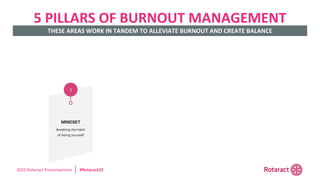 2022 Rotaract Preconvention #Rotaract22
5 PILLARS OF BURNOUT MANAGEMENT
THESE AREAS WORK IN TANDEM TO ALLEVIATE BURNOUT AND CREATE BALANCE
 