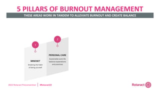 2022 Rotaract Preconvention #Rotaract22
5 PILLARS OF BURNOUT MANAGEMENT
THESE AREAS WORK IN TANDEM TO ALLEVIATE BURNOUT AND CREATE BALANCE
 