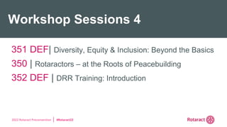 2022 Rotaract Preconvention #Rotaract22
Workshop Sessions 4
351 DEF| Diversity, Equity & Inclusion: Beyond the Basics
350 | Rotaractors – at the Roots of Peacebuilding
352 DEF | DRR Training: Introduction
 
