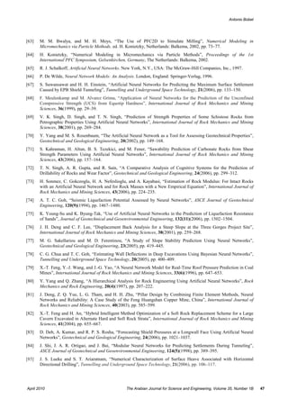 Antonio Bobet




[63]   M. M. Bwalya, and M. H. Moys, “The Use of PFC2D to Simulate Milling”, Numerical Modeling in
       Micromechanics via Particle Methods. ed. H. Konietzky, Netherlands: Balkema, 2002, pp. 73–77.
[64]   H. Konietzky, “Numerical Modeling in Micromechanics via Particle Methods”, Proceedings of the 1st
       International PFC Symposium, Gelsenkirchen, Germany, The Netherlands: Balkema, 2002.
[65]   R. J. Schalkoff, Artificial Neural Networks. New York, N.Y., USA: The McGraw-Hill Companies, Inc., 1997.
[66]   P. De Wilde, Neural Network Models: An Analysis. London, England: Springer-Verlag, 1996.
[67]   S. Suwansawat and H. H. Einstein, “Artificial Neural Networks for Predicting the Maximum Surface Settlement
       Caused by EPB Shield Tunneling”, Tunnelling and Underground Space Technology, 21(2006), pp. 133–150.
[68]   F. Meulenkamp and M. Alvarez Grima, “Application of Neural Networks for the Prediction of the Unconfined
       Compressive Strength (UCS) from Equotip Hardness”, International Journal of Rock Mechanics and Mining
       Sciences, 36(1999), pp. 29–39.
[69]   V. K. Singh, D. Singh, and T. N. Singh, “Prediction of Strength Properties of Some Schistose Rocks from
       Petrographic Properties Using Artificial Neural Networks”, International Journal of Rock Mechanics and Mining
       Sciences, 38(2001), pp. 269–284.
[70]   Y. Yang and M. S. Rosenbaum, “The Artificial Neural Network as a Tool for Assessing Geotechnical Properties”,
       Geotechnical and Geological Engineering, 20(2002), pp. 149–168.
[71]   S. Kahraman, H. Altun, B. S. Tezekici, and M. Fener, “Sawability Prediction of Carbonate Rocks from Shear
       Strength Parameters Using Artificial Neural Networks”, International Journal of Rock Mechanics and Mining
       Sciences, 43(2006), pp. 157–164.
[72]   T. N. Singh, A. R. Gupta, and R. Sain, “A Comparative Analysis of Cognitive Systems for the Prediction of
       Drillability of Rocks and Wear Factor”, Geotechnical and Geological Engineering, 24(2006), pp. 299–312.
[73]   H. Sonmez, C. Gokceoglu, H. A. Nefeslioglu, and A. Kayabasi, “Estimation of Rock Modulus: For Intact Rocks
       with an Artificial Neural Network and for Rock Masses with a New Empirical Equation”, International Journal of
       Rock Mechanics and Mining Sciences, 43(2006), pp. 224–235.
[74]   A. T. C. Goh, “Seismic Liquefaction Potential Assessed by Neural Networks”, ASCE Journal of Geotechnical
       Engineering, 120(9)(1994), pp. 1467–1480.
[75]   K. Young-Su and K. Byung-Tak, “Use of Artificial Neural Networks in the Prediction of Liquefaction Resistance
       of Sands”, Journal of Geotechnical and Geoenvironmental Engineering, 132(11)(2006), pp. 1502–1504.
[76]   J. H. Deng and C. F. Lee, “Displacement Back Analysis for a Steep Slope at the Three Gorges Project Site”,
       International Journal of Rock Mechanics and Mining Sciences, 38(2001), pp. 259–268.
[77]   M. G. Sakellariou and M. D. Ferentinou, “A Study of Slope Stability Prediction Using Neural Networks”,
       Geotechnical and Geological Engineering, 23(2005), pp. 419–445.
[78]   C. G. Chua and T. C. Goh, “Estimating Wall Deflections in Deep Excavations Using Bayesian Neural Networks”,
       Tunnelling and Underground Space Technology, 20(2005), pp. 400–409.
[79]   X.-T. Feng, Y.-J. Wang, and J.-G. Yao, “A Neural Network Model for Real-Time Roof Pressure Prediction in Coal
       Mines”, International Journal of Rock Mechanics and Mining Sciences, 33(6)(1996), pp. 647–653.
[80]   Y. Yang and Q. Zhang, “A Hierarchical Analysis for Rock Engineering Using Artificial Neural Networks”, Rock
       Mechanics and Rock Engineering, 20(4)(1997), pp. 207–222.
[81]   J. Deng, Z. Q. Yue, L. G. Tham, and H. H. Zhu, “Pillar Design by Combining Finite Element Methods, Neural
       Networks and Reliability: A Case Study of the Feng Huangshan Copper Mine, China”, International Journal of
       Rock Mechanics and Mining Sciences, 40(2003), pp. 585–599.
[82]   X.-T. Feng and H. An, “Hybrid Intelligent Method Optimization of a Soft Rock Replacement Scheme for a Large
       Cavern Excavated in Alternate Hard and Soft Rock Strata”, International Journal of Rock Mechanics and Mining
       Sciences, 41(2004), pp. 655–667.
[83]   D. Deb, A. Kumar, and R. P. S. Rosha, “Forecasting Shield Pressures at a Longwall Face Using Artificial Neural
       Networks”, Geotechnical and Geological Engineering, 24(2006), pp. 1021–1037.
[84]   J. Shi, J. A. R. Ortigao, and J. Bai, “Modular Neural Networks for Predicting Settlements During Tunneling”,
       ASCE Journal of Geotechnical and Geoenvironmental Engineering, 124(5)(1998), pp. 389–395.
[85]   J. S. Lueke and S. T. Ariaratnam, “Numerical Characterization of Surface Heave Associated with Horizontal
       Directional Drilling”, Tunnelling and Underground Space Technology, 21(2006), pp. 106–117.




April 2010                                         The Arabian Journal for Science and Engineering, Volume 35, Number 1B   47
 