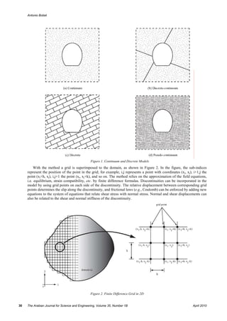 Antonio Bobet




                                                Figure 1. Continuum and Discrete Models
          With the method a grid is superimposed to the domain, as shown in Figure 2. In the figure, the sub-indices
     represent the position of the point in the grid; for example, i,j represents a point with coordinates (xi, xj), i+1,j the
     point (xi+h, xj), i,j+1 the point (xi, xj+k), and so on. The method relies on the approximation of the field equations,
     i.e. equilibrium, strain compatibility, etc. by finite difference formulas. Discontinuities can be incorporated in the
     model by using grid points on each side of the discontinuity. The relative displacement between corresponding grid
     points determines the slip along the discontinuity, and frictional laws (e.g., Coulomb) can be enforced by adding new
     equations to the system of equations that relate shear stress with normal stress. Normal and shear displacements can
     also be related to the shear and normal stiffness of the discontinuity.




                                                Figure 2. Finite Difference Grid in 2D


30   The Arabian Journal for Science and Engineering, Volume 35, Number 1B                                          April 2010
 