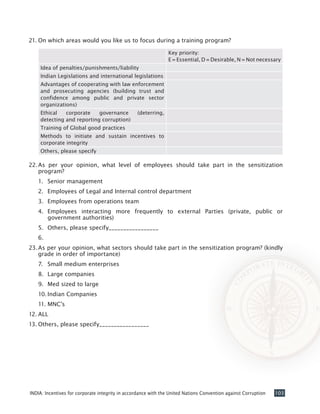 103INDIA: Incentives for corporate integrity in accordance with the United Nations Convention against Corruption
21.	On which areas would you like us to focus during a training program?
Key priority:
E = Essential, D = Desirable, N = Not necessary
Idea of penalties/punishments/liability
Indian Legislations and international legislations
Advantages of cooperating with law enforcement
and prosecuting agencies (building trust and
confidence among public and private sector
organizations)
Ethical corporate governance (deterring,
detecting and reporting corruption)
Training of Global good practices
Methods to initiate and sustain incentives to
corporate integrity
Others, please specify
22.	As per your opinion, what level of employees should take part in the sensitization
program?
1.	 Senior management
2.	 Employees of Legal and Internal control department
3.	 Employees from operations team
4.	 Employees interacting more frequently to external Parties (private, public or
government authorities)
5.	 Others, please specify_________________
6.	
23.	As per your opinion, what sectors should take part in the sensitization program? (kindly
grade in order of importance)
7.	 Small medium enterprises
8.	 Large companies
9.	 Med sized to large
10.	Indian Companies
11.	MNC’s
12.	ALL
13.	Others, please specify_________________
 