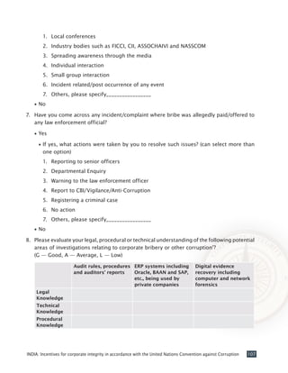 107INDIA: Incentives for corporate integrity in accordance with the United Nations Convention against Corruption
1.	 Local conferences
2.	 Industry bodies such as FICCI, CII, ASSOCHAIVI and NASSCOM
3.	 Spreading awareness through the media
4.	 Individual interaction
5.	 Small group interaction
6.	 Incident related/post occurrence of any event
7.	 Others, please specify_________________
•• No
7. 	 Have you come across any incident/complaint where bribe was allegedly paid/offered to
any law enforcement official?
•• Yes
•• If yes, what actions were taken by you to resolve such issues? (can select more than
one option)
1.	 Reporting to senior officers
2.	 Departmental Enquiry
3.	 Warning to the law enforcement officer
4.	 Report to CBI/Vigilance/Anti-Corruption
5.	 Registering a criminal case
6.	 No action
7.	 Others, please specify_________________
•• No
8. 	Please evaluate your legal, procedural or technical understanding of the following potential
areas of investigations relating to corporate bribery or other corruption’?
(G — Good, A — Average, L — Low)
Audit rules, procedures
and auditors' reports
ERP systems including
Oracle, BAAN and SAP,
etc., being used by
private companies
Digital evidence
recovery including
computer and network
forensics
Legal
Knowledge
Technical
Knowledge
Procedural
Knowledge
 