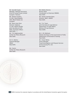 114 INDIA: Incentives for corporate integrity in accordance with the United Nations Convention against Corruption
Mr. Saurabh Gupta
Manager, National Assurance
Ernst & Young Private Limited
Gurgaon, Haryana
Mrs Shikha Sharma
Branch Head
Coordinator to Chairman OMAXE.
New Delhi
Ms. Shweta Girohtra
C/o Mr. David Rebello
CEO, Bharti Realty Ltd.
Gurgaon
Ms. Sonam Yanchen Rana
Director, INOC, UNOPS
New Delhi
Mr. Swarn Kant Dass
Director Vigilance
C/o Mr. Rajesh Khullar
Joint Secretary & CVO
Dept. Economic Affairs
New Delhi - 1
Mr. T.N. Tiwari
Joint Secretary & Legal Advisor
Department of Legal Affairs
Ministry Of Law & Justice
New Dellhi
Mr. T.R. Raghunandan
Center For Policy Research
New Delhi
Mr. V. M. Rathnam
Deputy Secretary to the Government of India
Department of Personal & Training
New Delhi.
Sh V.V. Mishra
General Manager
ONGC
New Delhi
Mr. Vineet Mehta
Senior Manager
Fraud Investigation and Dispute Services
Ernst & Young Pvt. Ltd.
New Delhi
Ms. Yamini
Center For Policy Research
New Delhi
 