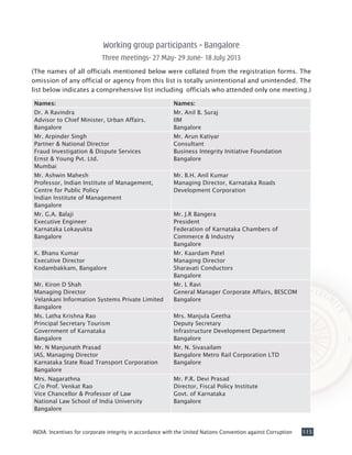 115INDIA: Incentives for corporate integrity in accordance with the United Nations Convention against Corruption
Working group participants – Bangalore
Three meetings- 27 May- 29 June- 18 July 2013
(The names of all officials mentioned below were collated from the registration forms. The
omission of any official or agency from this list is totally unintentional and unintended. The
list below indicates a comprehensive list including officials who attended only one meeting.)
Names: Names:
Dr. A Ravindra
Advisor to Chief Minister, Urban Affairs.
Bangalore
Mr. Anil B. Suraj
IIM
Bangalore
Mr. Arpinder Singh
Partner & National Director
Fraud Investigation & Dispute Services
Ernst & Young Pvt. Ltd.
Mumbai
Mr. Arun Katiyar
Consultant
Business Integrity Initiative Foundation
Bangalore
Mr. Ashwin Mahesh
Professor, Indian Institute of Management,
Centre for Public Policy
Indian Institute of Management
Bangalore
Mr. B.H. Anil Kumar
Managing Director, Karnataka Roads
Development Corporation
Mr. G.A. Balaji
Executive Engineer
Karnataka Lokayukta
Bangalore
Mr. J.R Bangera
President
Federation of Karnataka Chambers of
Commerce & Industry
Bangalore
K. Bhanu Kumar
Executive Director
Kodambakkam, Bangalore
Mr. Kaardam Patel
Managing Director
Sharavati Conductors
Bangalore
Mr. Kiron D Shah
Managing Director
Velankani Information Systems Private Limited
Bangalore
Mr. L Ravi
General Manager Corporate Affairs, BESCOM
Bangalore
Ms. Latha Krishna Rao
Principal Secretary Tourism
Government of Karnataka
Bangalore
Mrs. Manjula Geetha
Deputy Secretary
Infrastructure Development Department
Bangalore
Mr. N Manjunath Prasad
IAS, Managing Director
Karnataka State Road Transport Corporation
Bangalore
Mr. N. Sivasailam
Bangalore Metro Rail Corporation LTD
Bangalore
Mrs. Nagarathna
C/o Prof. Venkat Rao
Vice Chancellor & Professor of Law
National Law School of India University
Bangalore
Mr. P.R. Devi Prasad
Director, Fiscal Policy Institute
Govt. of Karnataka
Bangalore
 
