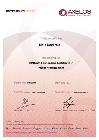 Nitin Nagaraja
PRINCE2® Foundation Certificate in
Project Management
06 Sep 2016
GR633051504NN
Printed on 14 September 2016
N/A
9980099277896020
 
