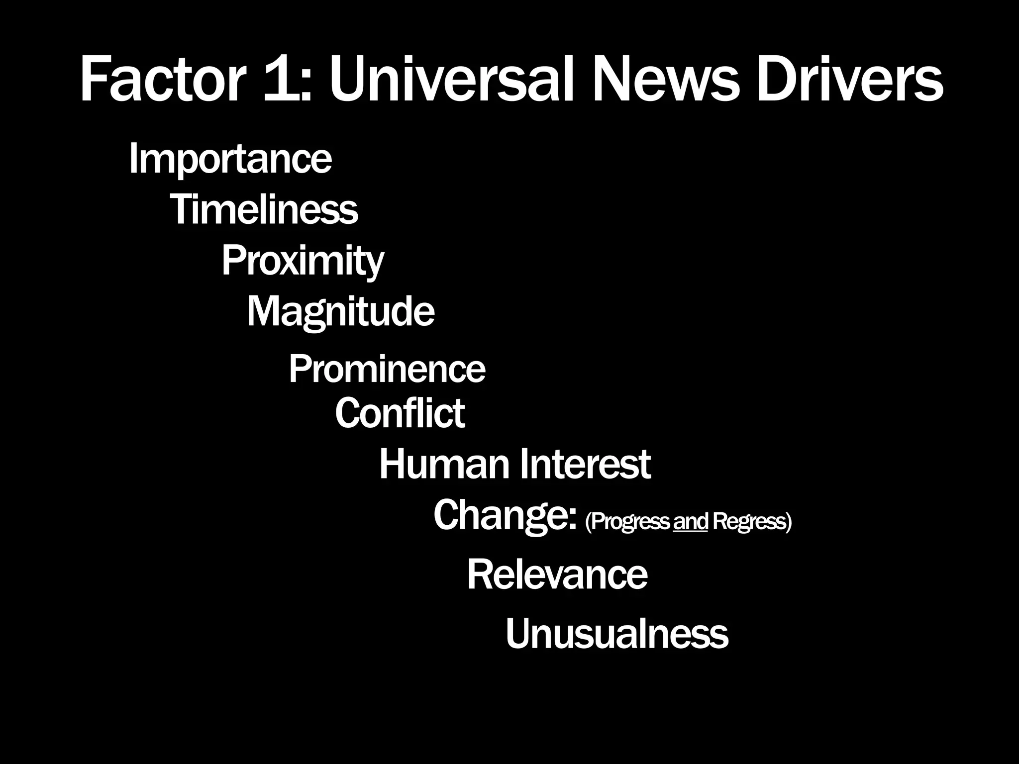Factor 1: Universal News Drivers
 Importance
   Timeliness
      Proximity
       Magnitude
        Prominence
           Conflict
             Human Interest
                 Change: (Progress and Regress)
                   Relevance
                     Unusualness
 