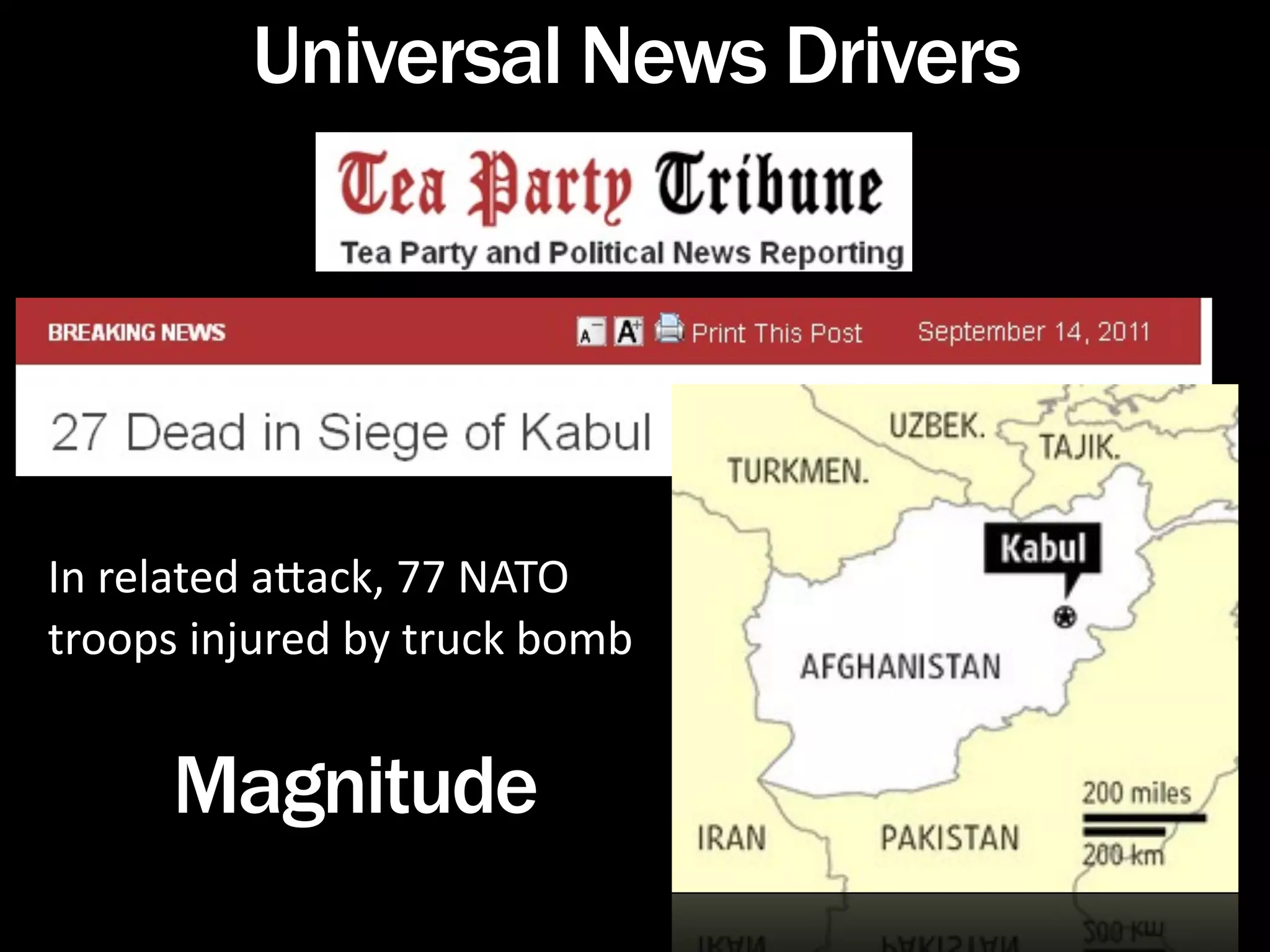 Universal News Drivers




In related a*ack, 77 NATO 
troops injured by truck bomb


     Magnitude
 