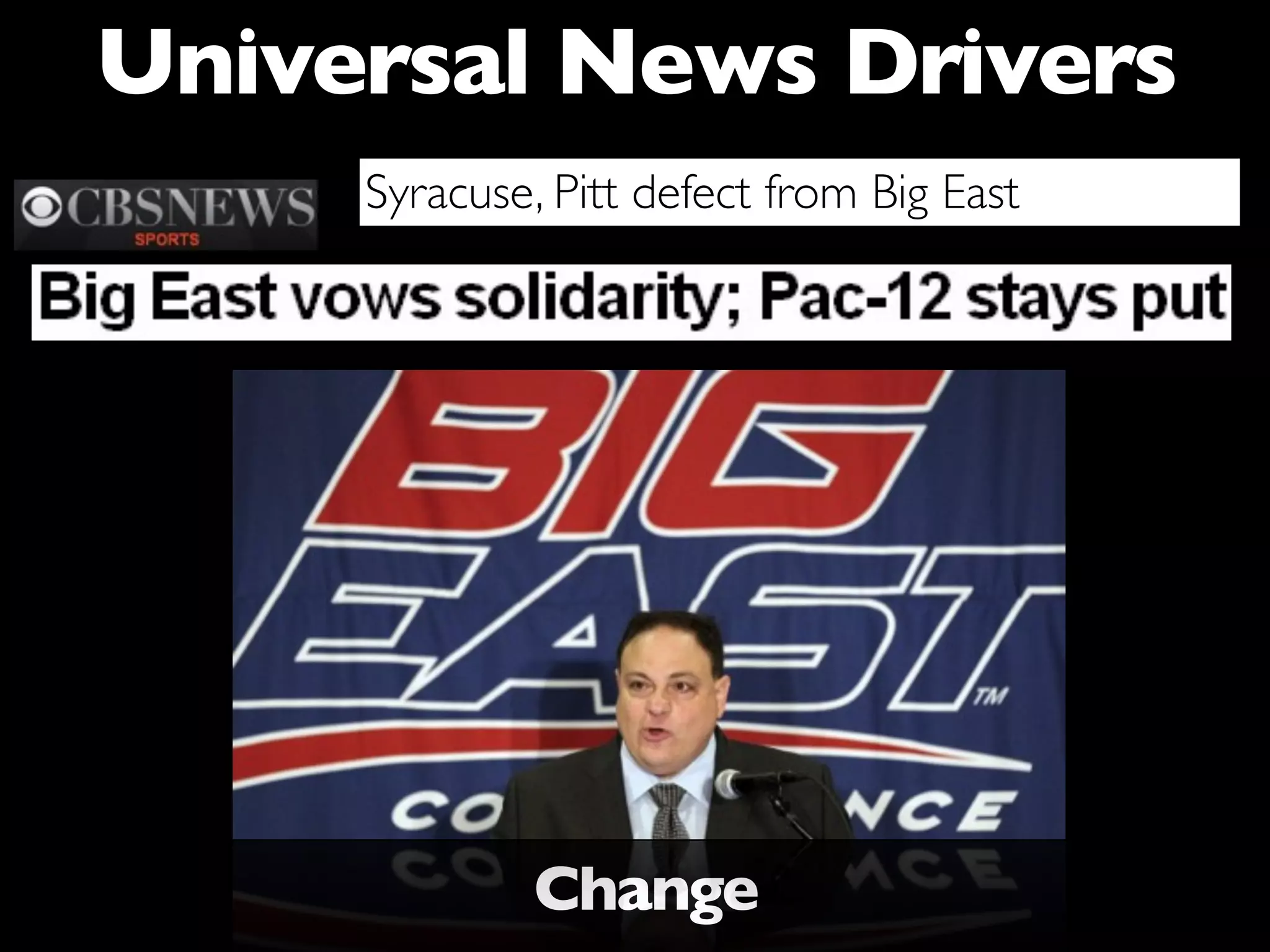 Universal News Drivers
     Syracuse, Pitt defect from Big East




              Change
 