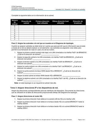 CCNA Exploration
 Conceptos y protocolos de enrutamiento:
 Introducción a los protocolos de enrutamiento dinámico                                  Actividad 3.5.2: Situación 1 de división en subredes



 Complete la siguiente tabla con la información de la subred.


 Número
                     Dirección de                Primera dirección                 Última dirección host                      Dirección de
   de
                        subred                     host utilizable                       utilizable                            broadcast
 subred
   0
   1
   2
   3
   4
   5
   6
   7

 Paso 2: Asigne las subredes a la red que se muestra en el Diagrama de topología.
 Cuando se asignan subredes se debe tener en cuenta que para permitir que la información sea enviada
 a través de la red se deberá realizar un enrutamiento. Las subredes se asignarán a las redes para
 permitir la sumarización de rutas en cada uno de los routers.
      1. Asigne la primera subred (subred más baja) a la LAN conectada a la interfaz Fa0/1 de BRANCH2.
         ¿Cuál es la dirección de subred? ____________________
      2. Asigne la segunda subred a la LAN conectada a la interfaz Fa0/0 de BRANCH2. ¿Cuál es la
         dirección de subred? ____________________
      3. Asigne la tercera subred a la LAN conectada a la interfaz Fa0/0 de BRANCH1. ¿Cuál es la
         dirección de subred?____________________
      4. Asigne la cuarta subred a la LAN conectada a la interfaz Fa0/1 de BRANCH1. ¿Cuál es la
         dirección de subred?____________________
      5. Asigne la quinta subred al enlace WAN desde HQ a BRANCH1. ¿Cuál es la dirección de
         subred?____________________
      6. Asigne la sexta subred al enlace WAN desde HQ a BRANCH2. ____________________
      7. Asigne la séptima subred a la LAN conectada a la interfaz Fa0/1 de HQ. ¿Cuál es la dirección de
         subred? ____________________
      Nota: en esta topología no se requerirá la subred más alta.


Tarea 3: Asignar direcciones IP a los dispositivos de red.
 Asigne las direcciones correspondientes para las interfaces del dispositivo. Documente las direcciones
 que se utilizarán en la tabla de direcciones proporcionada debajo del Diagrama de topología.

 Paso 1: Asigne direcciones al router HQ.
      1. Asigne la primera dirección host válida en la subred LAN de HQ a la interfaz LAN.
      2. Asigne la primera dirección host válida en el enlace desde HQ a la subred BRANCH1 hasta la
         interfaz S0/0/0.
      3. Asigne la primera dirección host válida en el enlace desde HQ a la subred BRANCH2 hasta la
         interfaz S0/0/1.




 All contents are Copyright © 1992-2009 Cisco Systems, Inc. All rights reserved. This document is Cisco public information.         Página 3 de 4
 