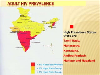 DR. S.K CHATURVEDI
ADULT HIV PREVALENCE
High Prevalence States:
these are
Tamil Nadu,
Maharastra,
Karnataka,
Andhra Pradesh,
Manipur and Nagaland
 