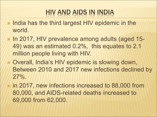 HIV AND AIDS IN INDIA
 India has the third largest HIV epidemic in the
world.
 In 2017, HIV prevalence among adults (aged 15-
49) was an estimated 0.2%, this equates to 2.1
million people living with HIV.
 Overall, India’s HIV epidemic is slowing down,
Between 2010 and 2017 new infections declined by
27%.
 in 2017, new infections increased to 88,000 from
80,000, and AIDS-related deaths increased to
69,000 from 62,000.
 