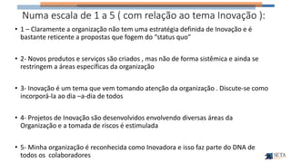 Numa escala de 1 a 5 ( com relação ao tema Inovação ):
• 1 – Claramente a organização não tem uma estratégia definida de Inovação e é
bastante reticente a propostas que fogem do “status quo”
• 2- Novos produtos e serviços são criados , mas não de forma sistêmica e ainda se
restringem a áreas específicas da organização
• 3- Inovação é um tema que vem tomando atenção da organização . Discute-se como
incorporá-la ao dia –a-dia de todos
• 4- Projetos de Inovação são desenvolvidos envolvendo diversas áreas da
Organização e a tomada de riscos é estimulada
• 5- Minha organização é reconhecida como Inovadora e isso faz parte do DNA de
todos os colaboradores
 