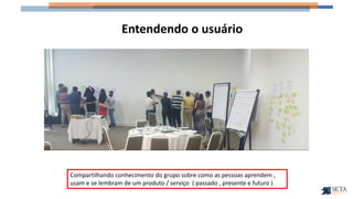 Entendendo o usuário
Compartilhando conhecimento do grupo sobre como as pessoas aprendem ,
usam e se lembram de um produto / serviço ( passado , presente e futuro )
 