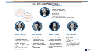 Valdir Meneses
Soluções de Negócios
✓Sócio da SETA
✓ Engenheiro pela UFPE
✓ Ex-gerente de cultura de
Melhoria de Performance Itaú
✓ Braskem, Itaú-Unibanco
✓ BB pela Braskem e MBB pela
SETA
✓ Professor FIAP
Fabio Sacoman
BD - Inovação
✓Sócio da SETA
✓ Engenheiro pela Unicamp
✓ Ex- BB na GE
✓ 3M, GE
✓ BB pela GE e MBB pela SETA
✓ GE Crottonville instructor
para América Latina
Alberto Pezeiro
CEO
✓ Sócio e Fundador da SETA
✓ Engenheiro pela Poli - USP
✓ Ex-Executivo da GE Plastics
✓ Ford-VW, GE
✓ MBB pela GE
✓ CQE, CQM, CQA pela ASQ
✓ GE Crottonvile instructor para América Latina
Marcio Francato
Excelência Operacional
✓Sócio da SETA
✓ Engenheiro pela Unifei
✓ Ex-Gerente Supply Chain GE
Plásticos
✓ Delphi, Chrysler, GE
✓ BB pela GE e MBB pela SETA
✓ CQE
✓ GE Crottonville instructor
para América Latina
Leilaine Oliveira
Desenvolvimento de Pessoas
✓ Gerente Geral da SETA
✓ Estatística pela Unicamp
✓Ex-gerente de cultura de
Melhoria de Performance Itau
✓ BB na GE, MBB pela SETA
✓ GE (Plastics, Appliances,
Money), América Movil, Itaú
Unibanco
Sócios
atuantes na
organização
Flexibilidade,
autonomia e
agilidade
QUEM SOMOS: NA GESTÃO DOS NEGÓCIOS...
 