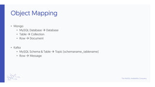 Object Mapping
• Mongo
• MySQL Database à Database
• Table à Collection
• Row à Document
• Kafka
• MySQL Schema & Table à Topic (schemaname_tablename)
• Row à Message
 