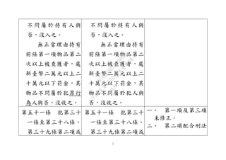 7
不 問 屬 於 持 有 人 與
否，沒入之。
無正當理由持有
前條第一項物品第二
次以上被查獲者，處
新臺幣二萬元以上二
十萬元以下罰金，其
物品不問屬於犯罪行
為人與否，沒收之。
不 問 屬 於 持 有 人 與
否，沒入之。
無正當理由持有
前條第一項物品第二
次以上被查獲者，處
新臺幣二萬元以上二
十萬元以下罰金，其
物品不問屬於犯人與
否，沒收之。
第五十一條 犯第三十
一條至第三十八條、
第三十九條第二項或
第五十一條 犯第三十
一條至第三十八條、
第三十九條第二項或
一、 第一項及第三項
未修正。
二、 第二項配合刑法
行
政
院
行
政
院
第
3520次
院
會
會
議
D870B69B2EE0B6B6
 