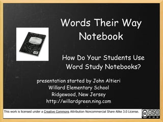 Words Their Way
                                           Notebook

                                         How Do Your Students Use
                                          Word Study Notebooks?

                       presentation started by John Altieri
                            Willard Elementary School
                             Ridgewood, New Jersey
                           http://willardgreen.ning.com

This work is licensed under a Creative Commons Attribution Noncommercial Share Alike 3.0 License.
 