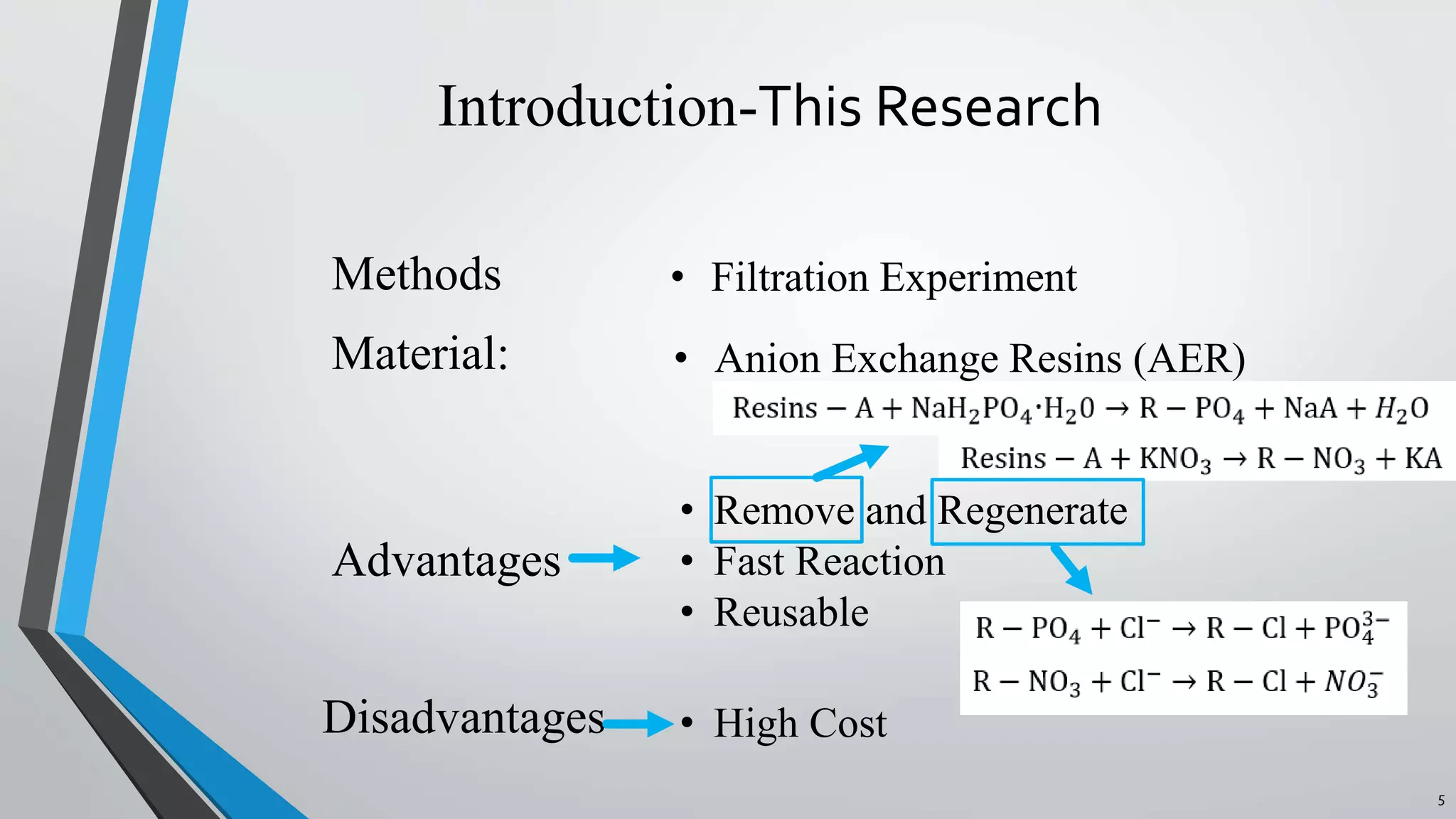Introduction-This Research
• Anion Exchange Resins (AER)
Advantages
Disadvantages
• Remove and Regenerate
• Fast Reaction
• Reusable
• High Cost
Material:
Methods • Filtration Experiment
5
 