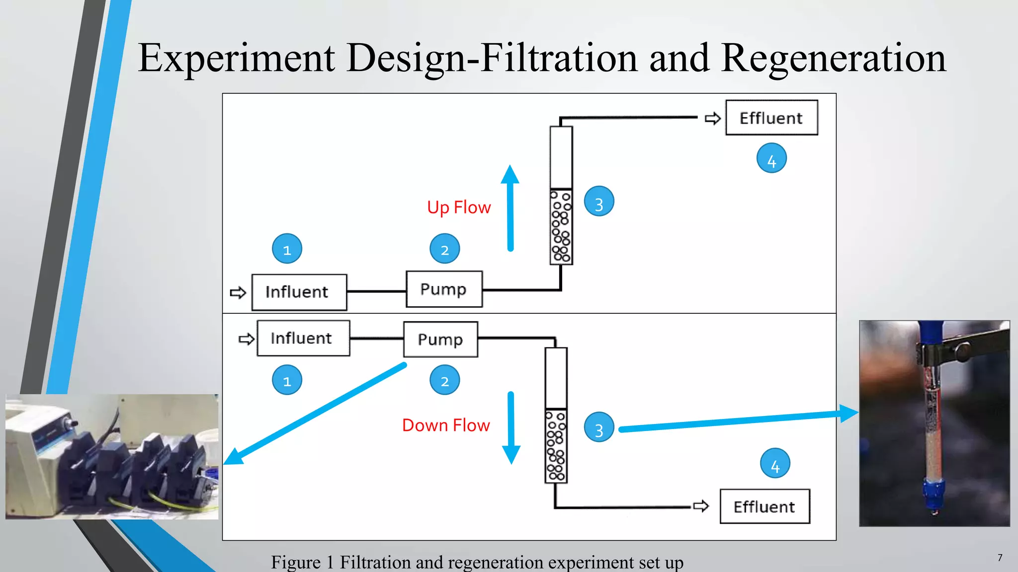 Experiment Design-Filtration and Regeneration
Figure 1 Filtration and regeneration experiment set up
1
4
3
2
4
3
21
Up Flow
Down Flow
7
 