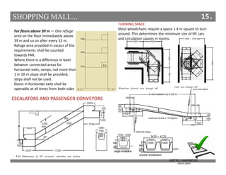 STANDARDS
TURNING SPACE
Most wheelchairs require a space 1.4 m square to turn
around. This determines the minimum size of lift cars
and circulation spaces in rooms.
ESCALATORS AND PASSENGER CONVEYORS
For floors above 39 m — One refuge
area on the floor immediately above
39 m and so on after every 15 m.
Refuge area provided in excess of the
requirements shall be counted
towards FAR.
Where there is a difference in level
between connected areas for
horizontal exits, ramps, not more than
1 in 10 m slope shall be provided;
steps shall not be used.
Doors in horizontal exits shall be
openable at all times from both sides
METRIC HANDBOOK
- david alder
SHOPPING MALL... 15.
 